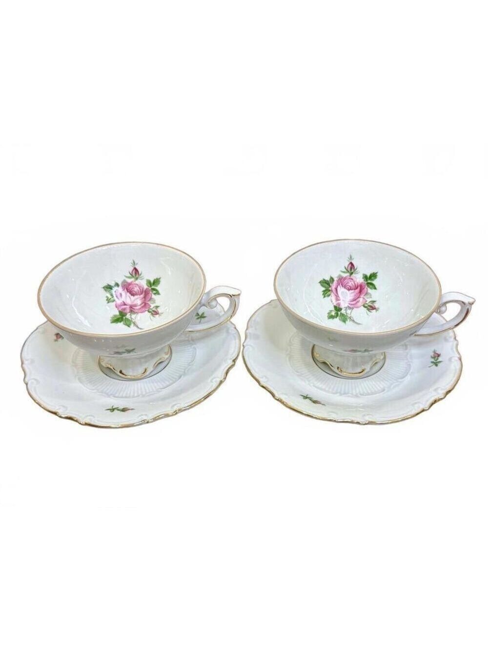 Antique Altenburg Saxony Porcelain Floral Teacups & Saucers Set Germany 1910s